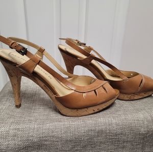 Marc Fisher camel cork heel leather sandals